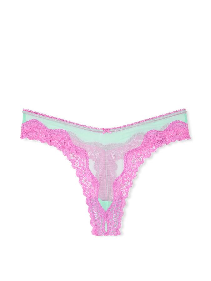 Tease Mesh Lace-Trim High-Leg Thong Panty image number 2