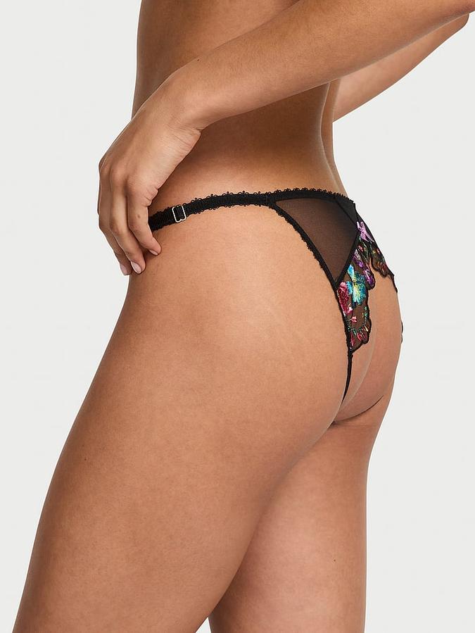 Dark Blossom Embroidery Crotchless Adjustable String Bikini Panty image number 1