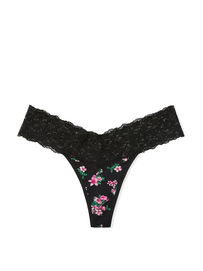 Lace-Waist Cotton Thong Panty