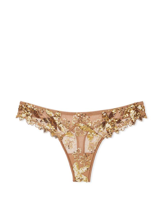 Gold Sequined Ziggy Floral Embroidery Thong Panty image number 1