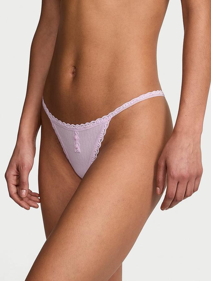 Cotton Pointelle Lace-Trim V-String Panty image number 0