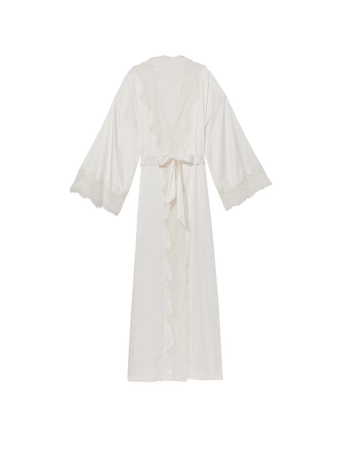 Lace-Trim Satin Long Robe image number 2