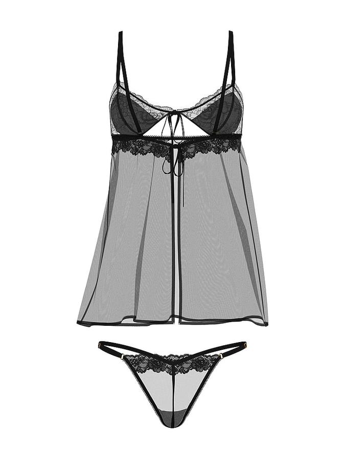 Sheer Rose Lace Triangle Babydoll Set image number 2