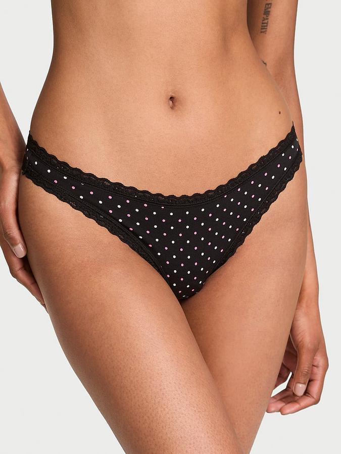 Stretch Cotton Lace-Waist Thong Panty image number 0