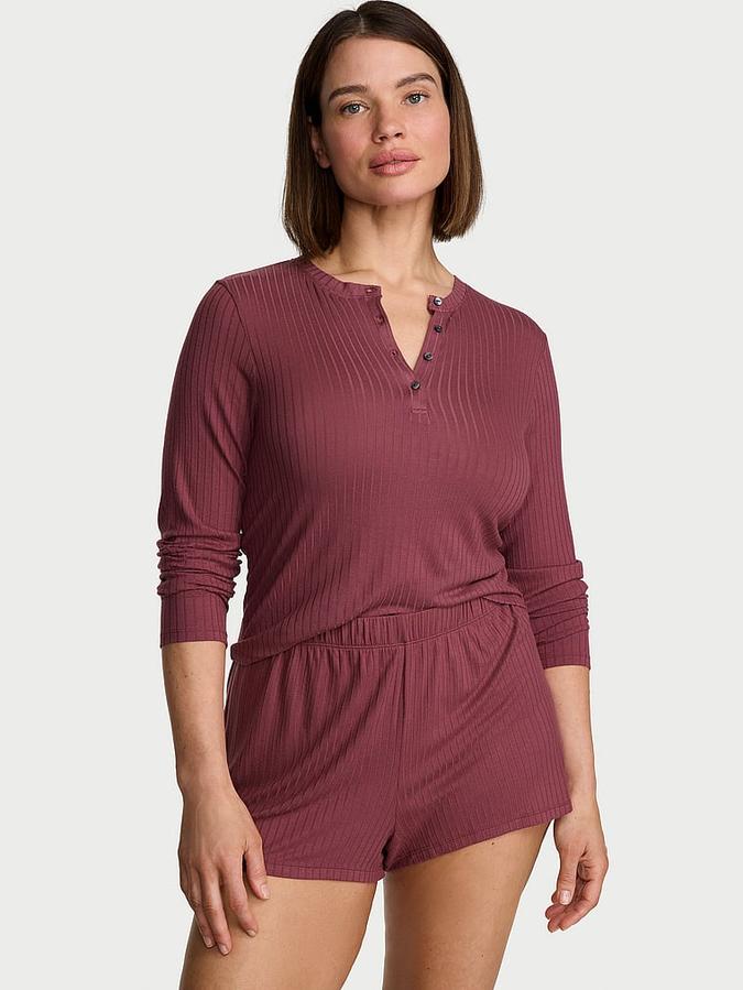 SoSoft&trade; Modal Wide-Rib Long-Sleeve Henley & Shorts Set