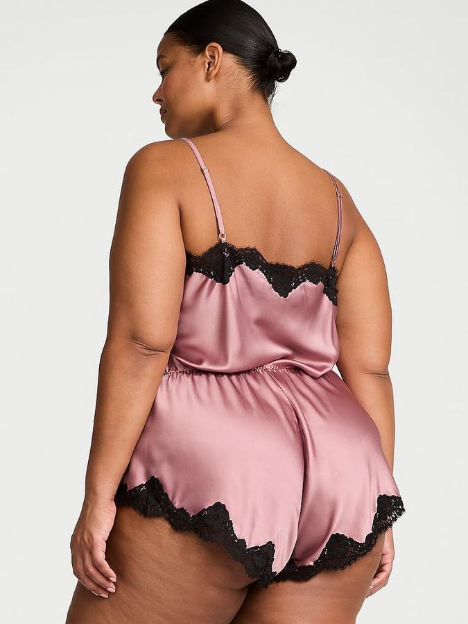 Satin Lace-Trim Romper image number 1