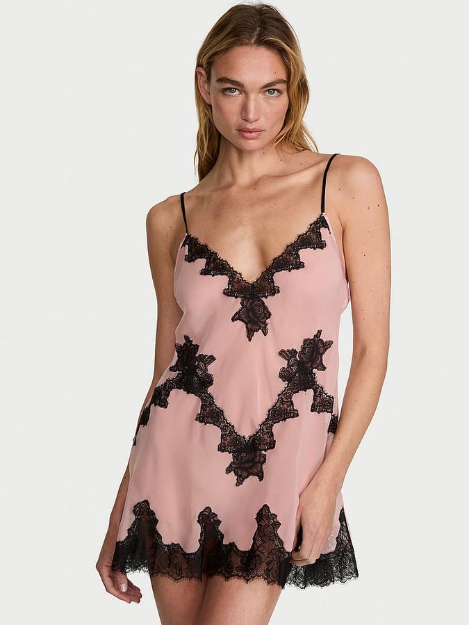 Chiffon Rose Lace-Trim Mini Slip Dress