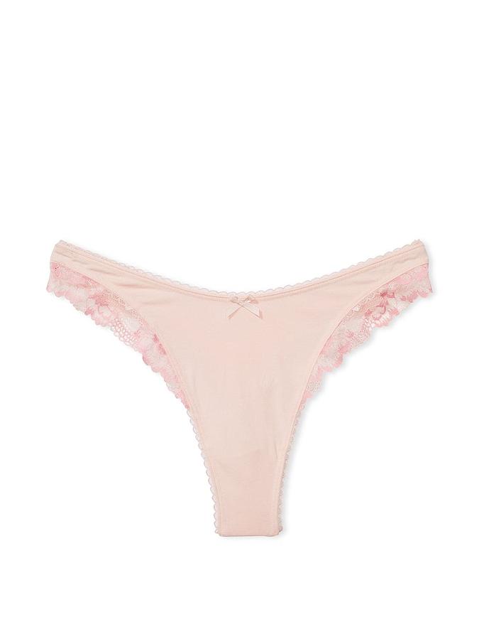 Stretch Cotton Lace-Trim High-Leg Scoop Thong Panty image number 2