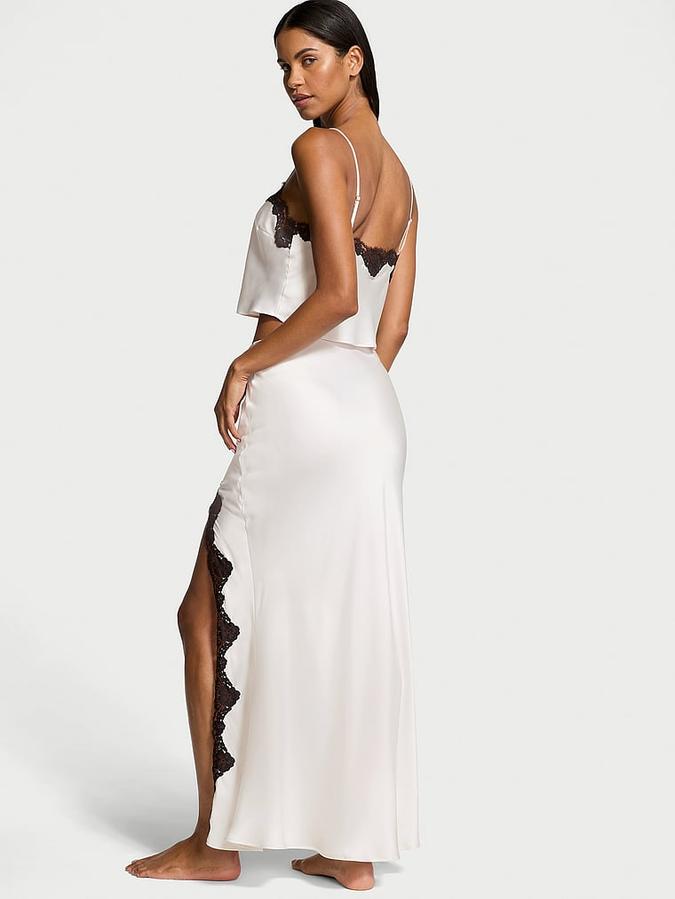 Satin Lace-Trim Cropped Top & Slip Skirt Set image number 1