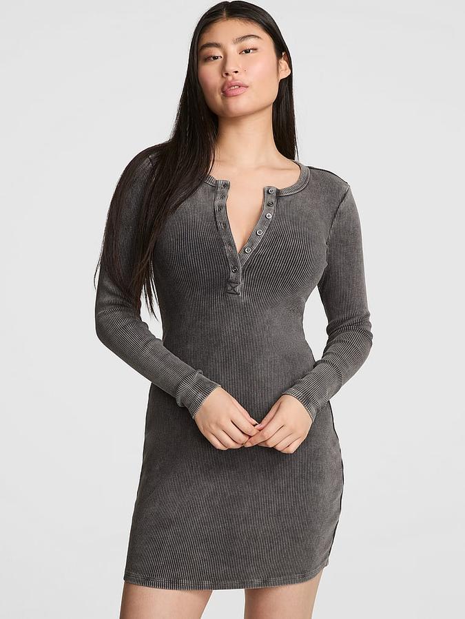 Vintage Ribbed Henley Long-Sleeve Dress image number 0