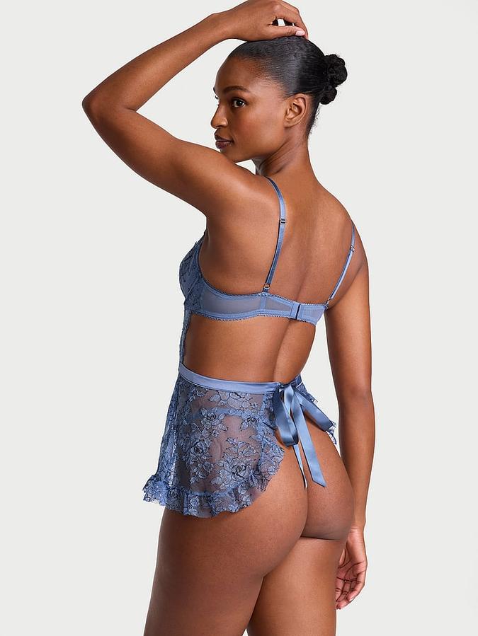 Wicked Unlined Denim Rose Lace Apron Set