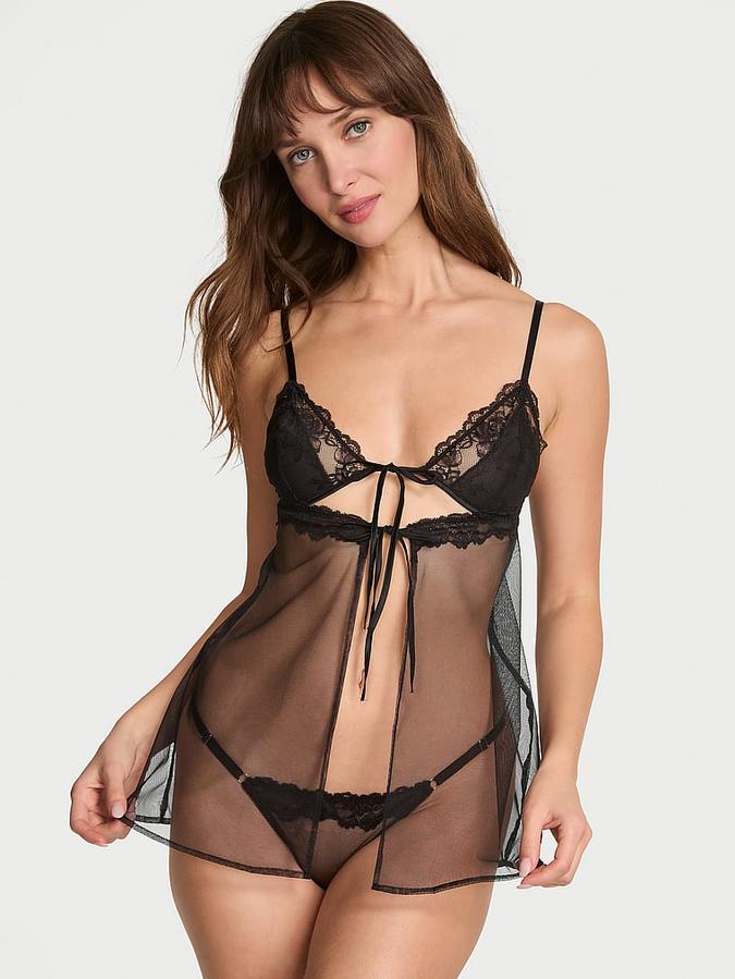 Sheer Rose Lace Triangle Babydoll Set image number 0