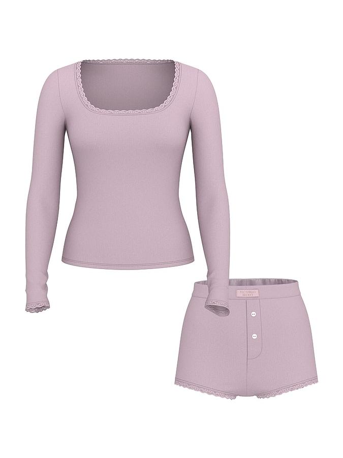 Pointelle Modal Long-Sleeve Scoop Top & Shortie Set image number 2