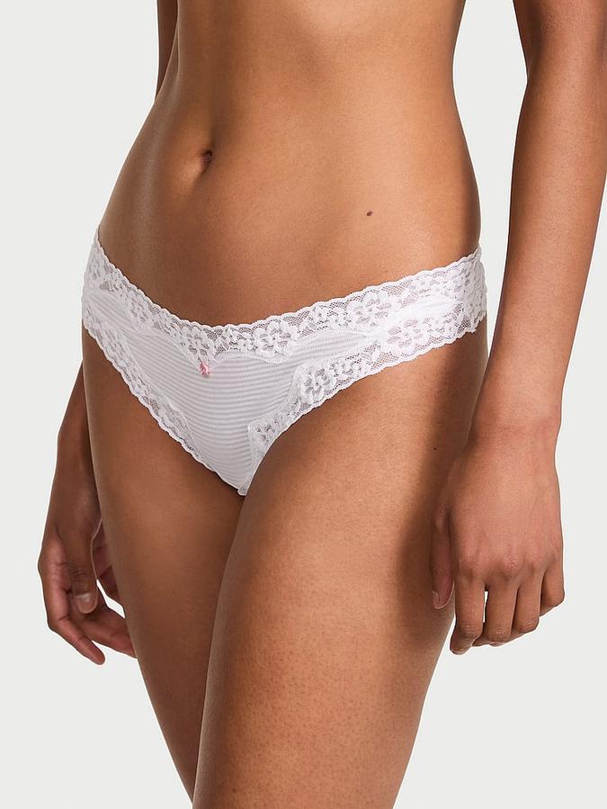 Cotton Shadow Stripe Lace-Waist Thong Panty