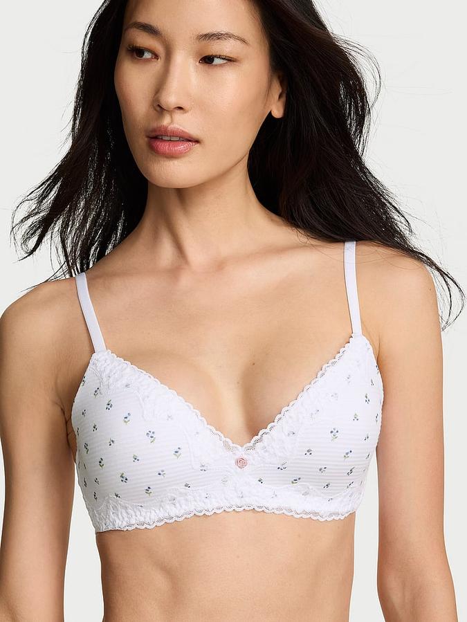 Cotton Shadow Stripe Lace-Trim Lightly Lined Wireless Bra