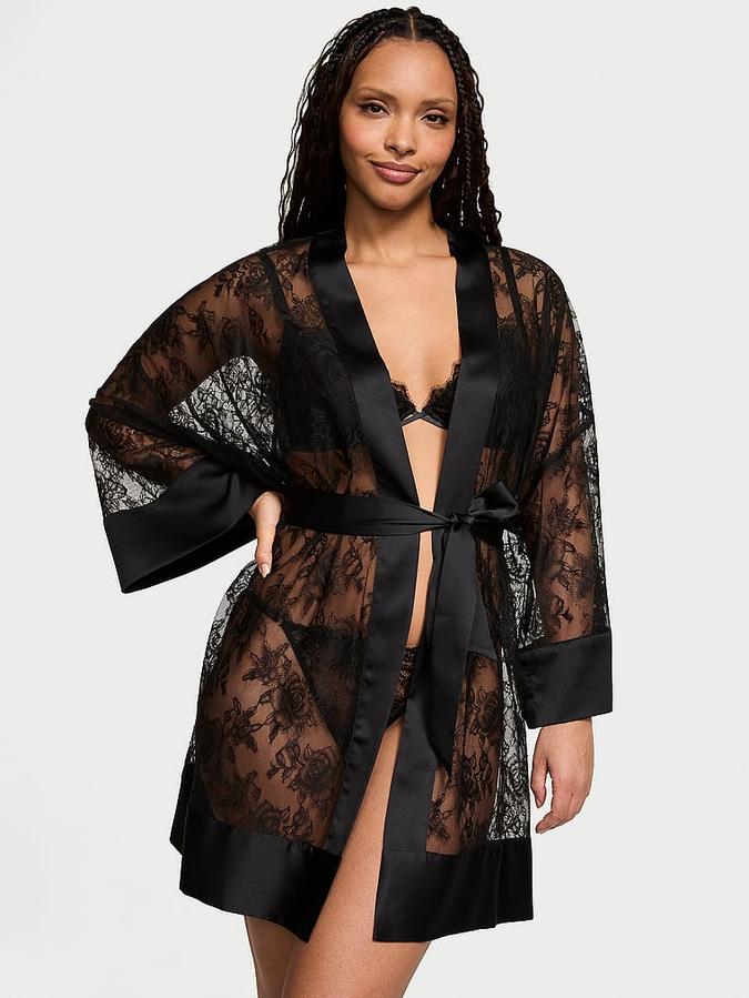 Rose Lace Satin-Trim Short Robe image number 0