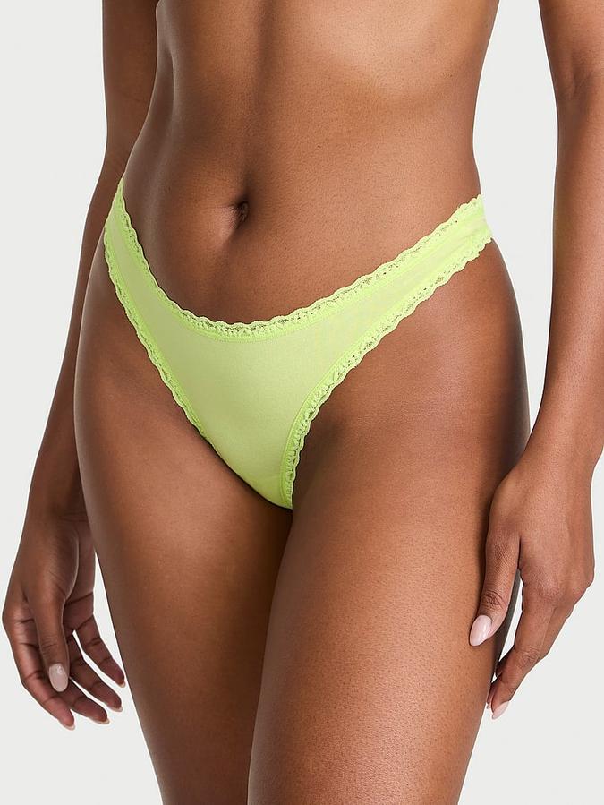 Stretch Cotton Lace-Waist Thong Panty image number 0