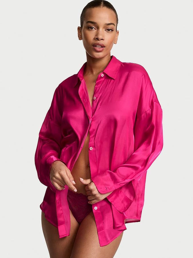 Luxe Sheer Satin Button-Front Shirt