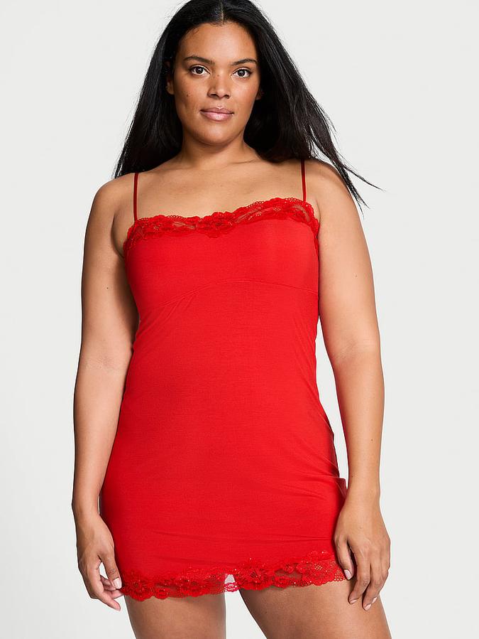 Modal Soft & Lace Trim Straight-Neck Slip Dress image number 0