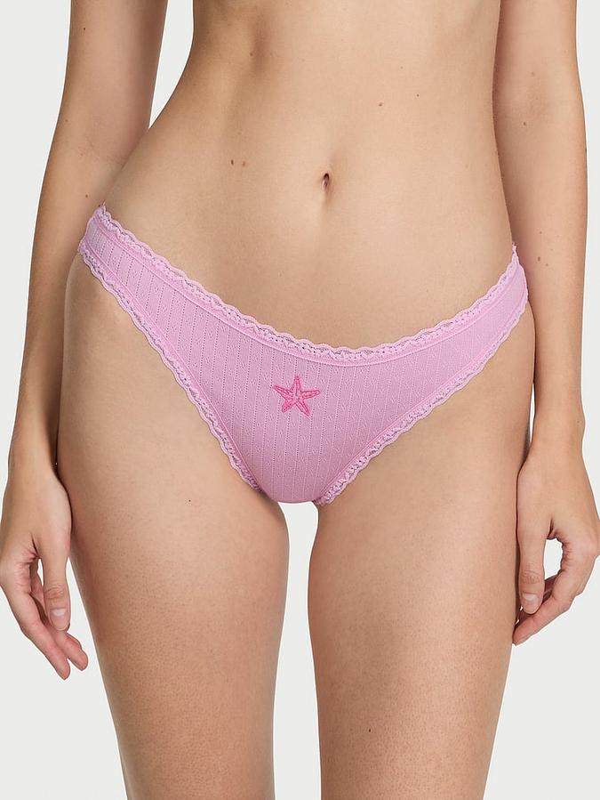 Stretch Cotton Pointelle Lace-Waist Thong Panty image number 0
