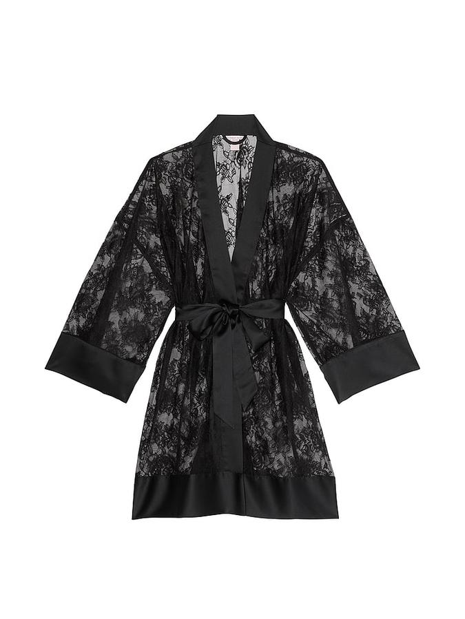 Rose Lace Satin-Trim Short Robe image number 2