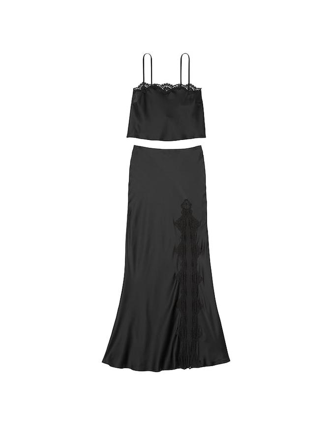 Satin Lace-Trim Cropped Top & Slip Skirt Set image number 2