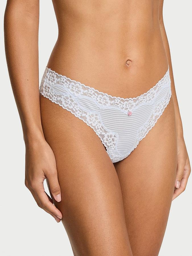 Cotton Shadow Stripe Lace-Waist Thong Panty