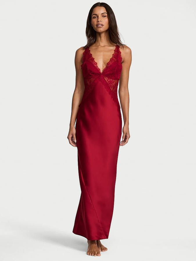 Satin Rose Lace Long Slip Dress