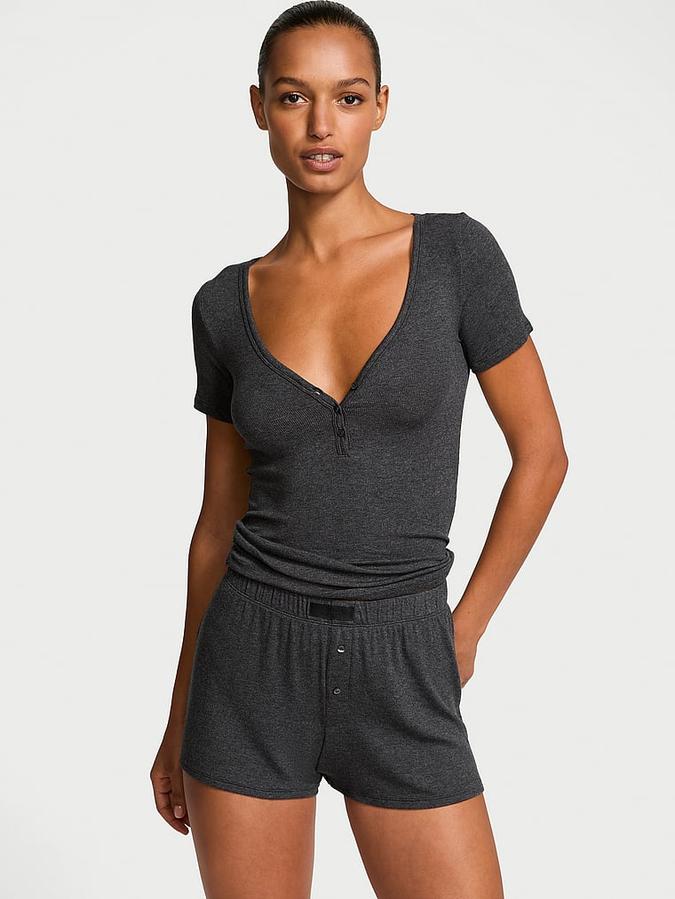 Ribbed Modal Short-Sleeve Henley & Boxer Shorts Set image number 0
