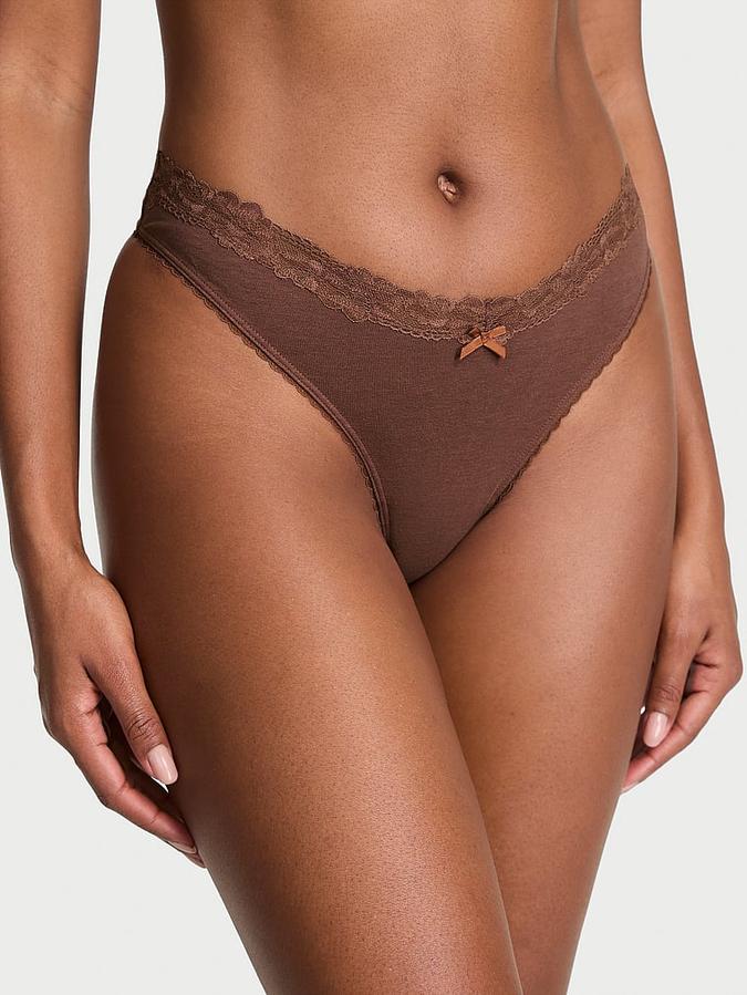Body by Victoria Stretch Cotton Lace-Waist High-Leg Scoop Thong Panty image number 0