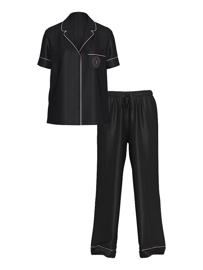 Glazed Satin Short-Sleeve Long Pajama Set image number 2