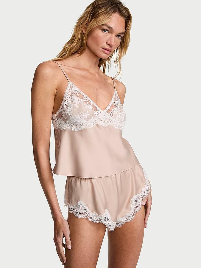 Satin Lace-Trim Cami & Flutter Shorts Set