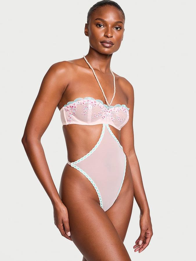 Cherry Blossom Embroidery Pearl Halter Teddy image number 0