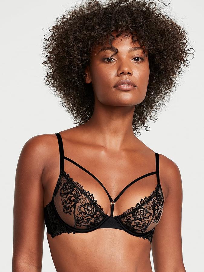Embroidered Mesh Strappy Low-Cut Demi Bra image number 0