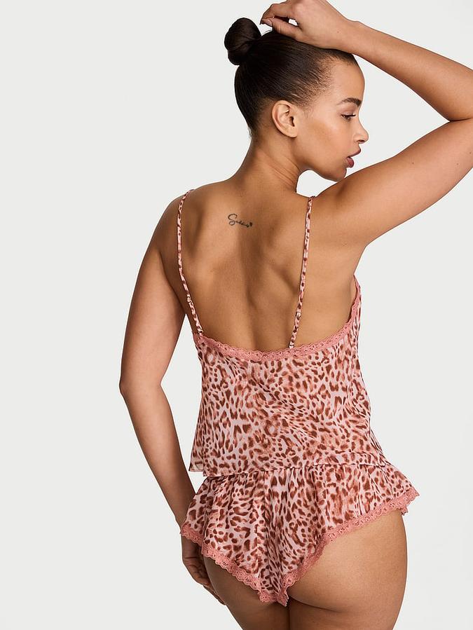Leopard Chiffon Lace-Trim Cami & Flutter Shorts Set