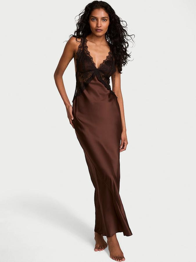Satin Rose Lace Long Slip Dress
