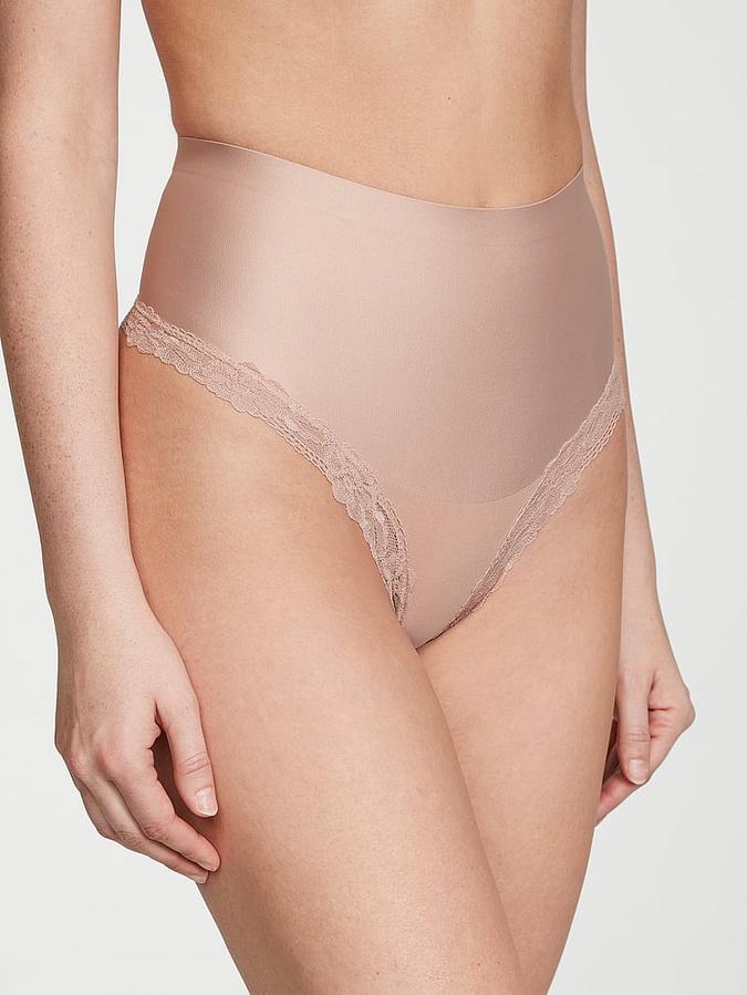 Smoothing Shimmer Lace-Trim Thong Panty image number 0