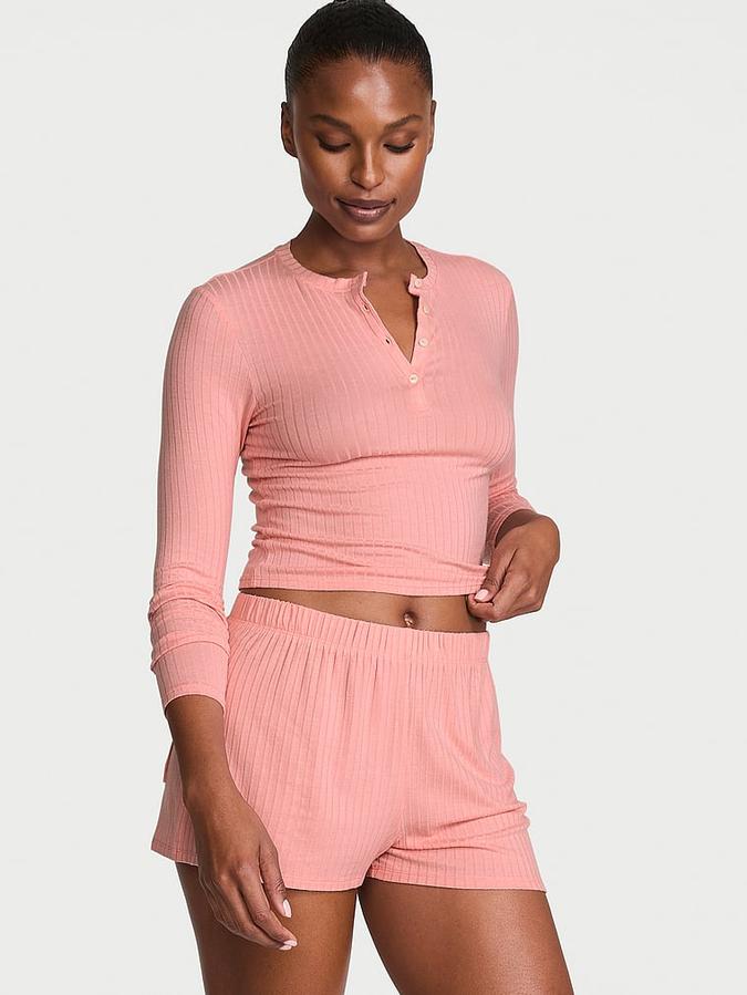 SoSoft&trade; Modal Wide-Rib Long-Sleeve Henley & Shorts Set