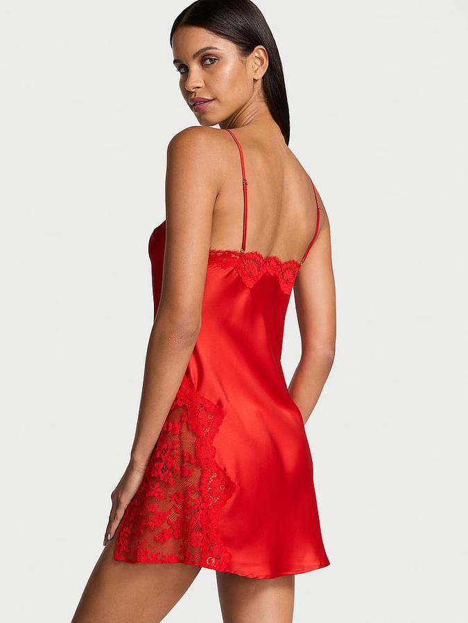 Satin Rose Lace-Trim Asymmetric Slip Dress image number 1