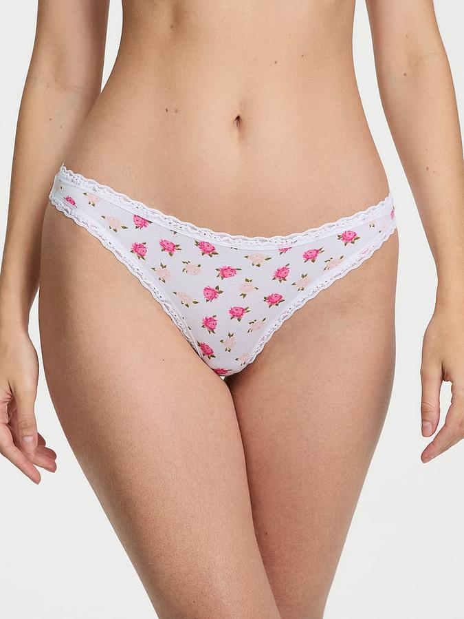 Stretch Cotton Lace-Waist Thong Panty image number 0