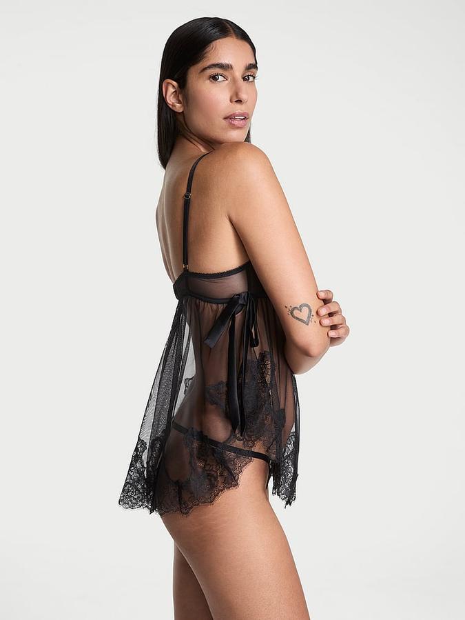 Wicked Sheer Unlined Lace-Trim Babydoll Set image number 1