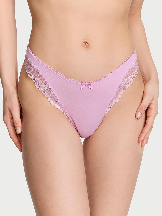 Stretch Cotton Lace-Trim High-Leg Scoop Thong Panty image number 0