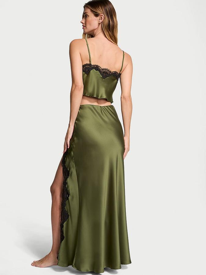 Satin Lace-Trim Cropped Top & Slip Skirt Set