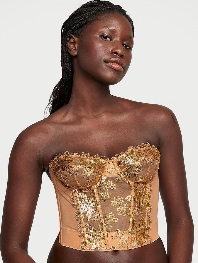 Gold Sequined Ziggy Floral Embroidery Unlined Corset Top image number 0