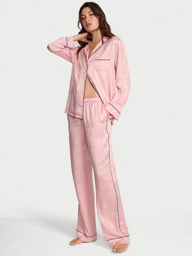 Glazed Satin Bow Stripe Long Pajama Set