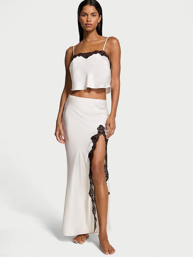 Satin Lace-Trim Cropped Top & Slip Skirt Set image number 0