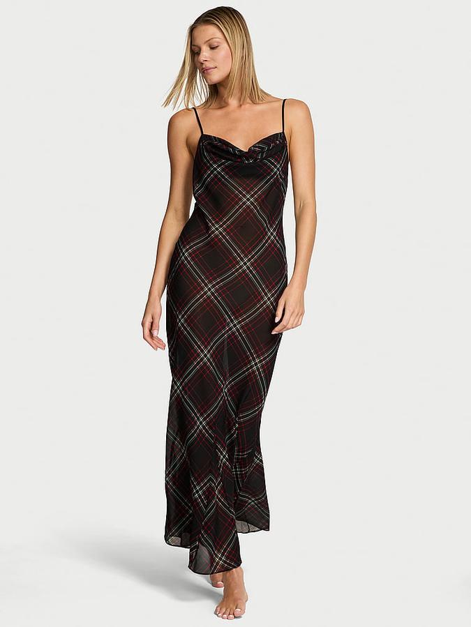 Chiffon Tartan Draped Maxi Slip Dress
