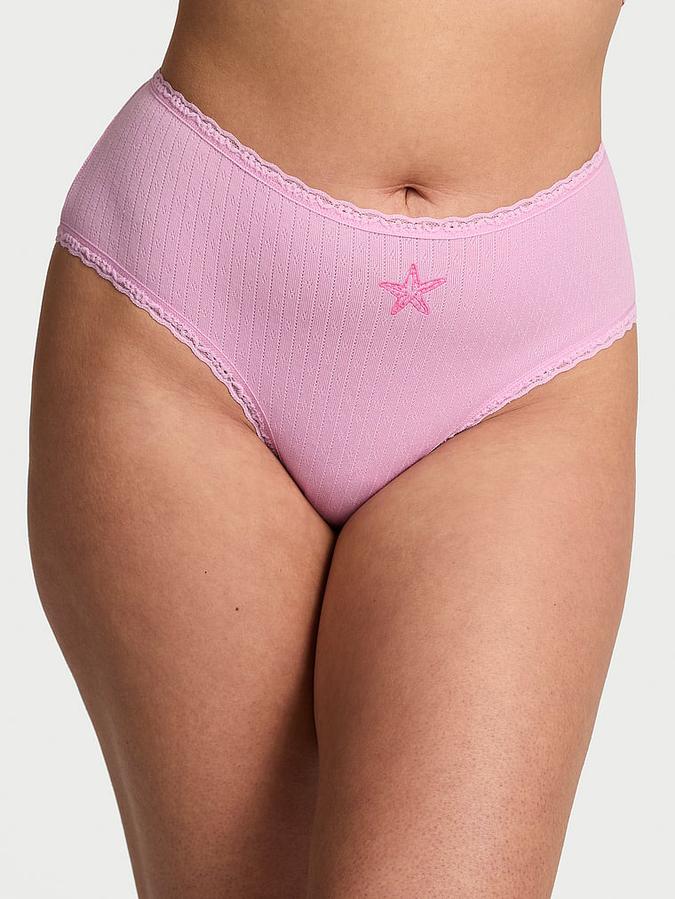 Stretch Cotton Pointelle Lace-Waist Cheeky Panty image number 0