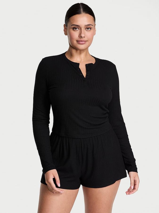 Modal Wide-Rib Long-Sleeve Short Lounge Set
