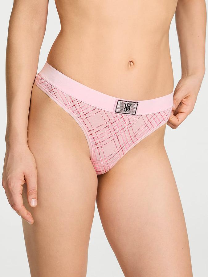 Logo Cotton Shine Patch Velvet Thong Panty